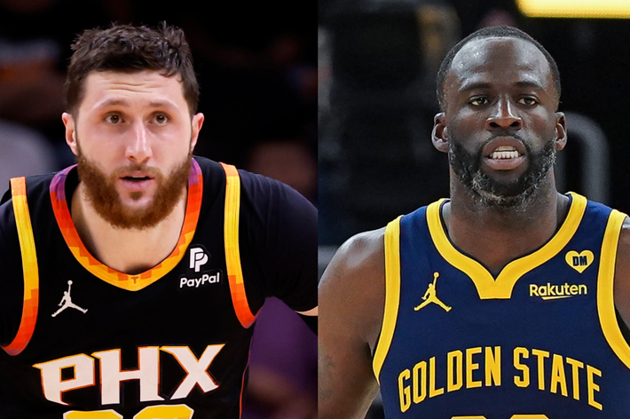 Split image of basketball players in action, one from the Phoenix Suns, the other from Golden State Warriors