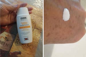 Photo of two hands, one holding a sunscreen bottle and the other with cream on the skin, beside a magazine