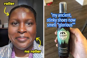 Person holding a bottle of shoe deodorizer with text about its effectiveness