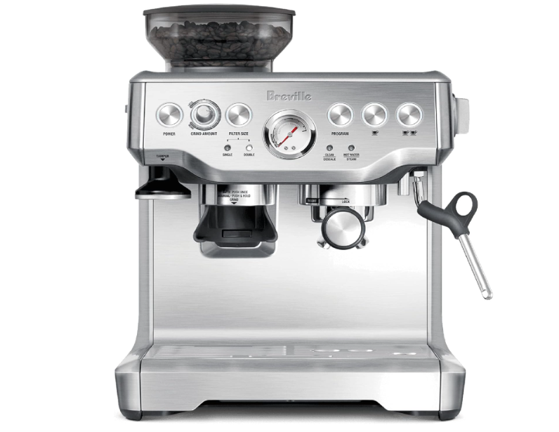 Stainless steel Breville espresso machine with built-in grinder, pressure gauge, and steaming wand