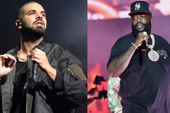 Drake on stage with a microphone, and Rick Ross performing, both in casual attire