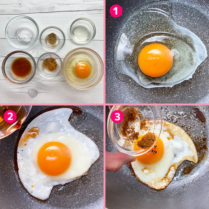 調理過程の写真。①材料並べ、②卵を焼く、③スパイスを振る。