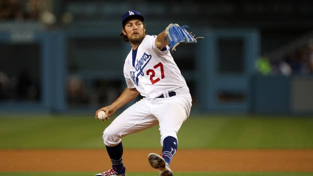 Los Angeles Dodgers pitcher mid-throw on the mound during a game