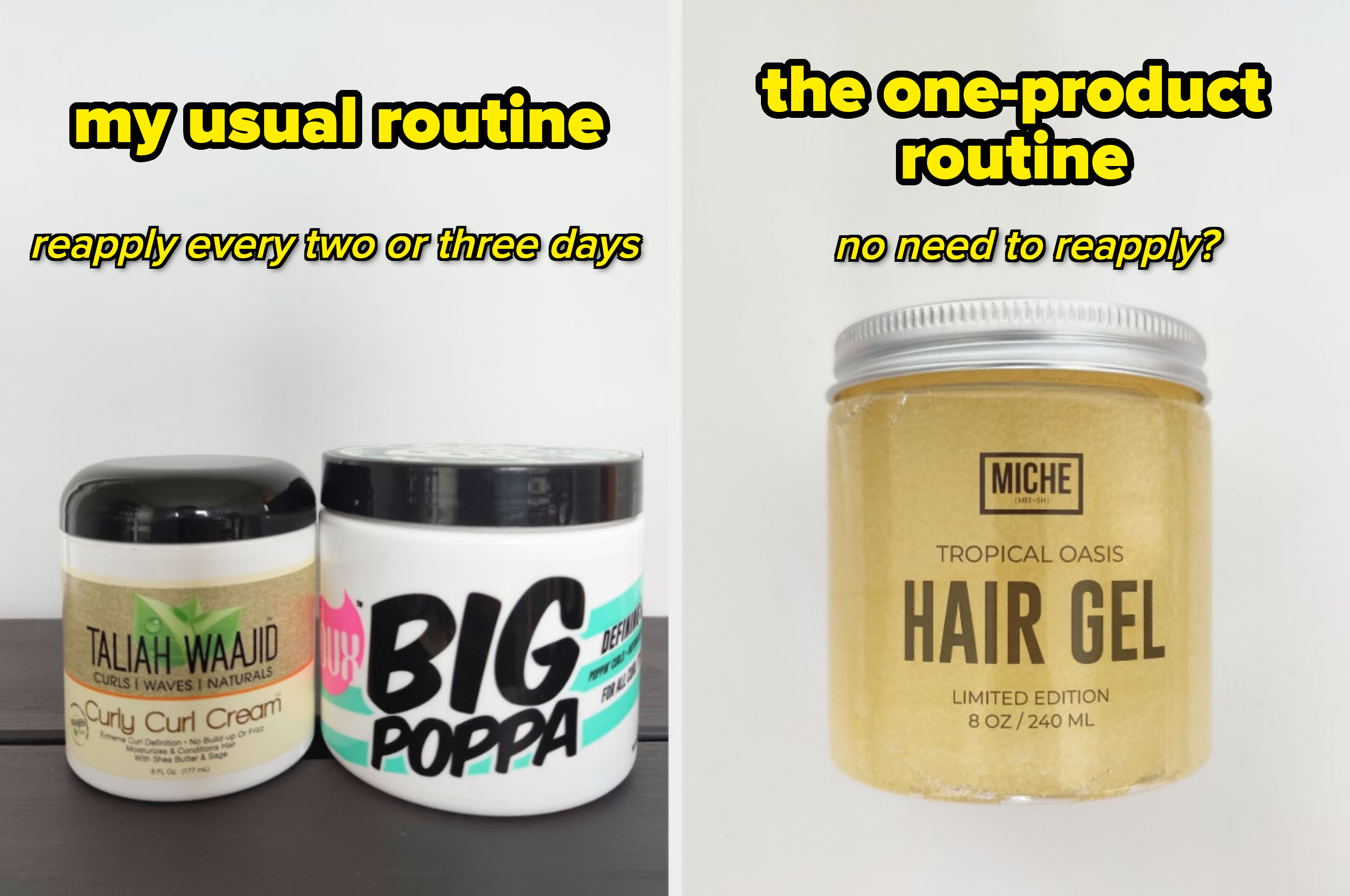 Two hair styling products, one labeled for defining curls and the other as a hair gel