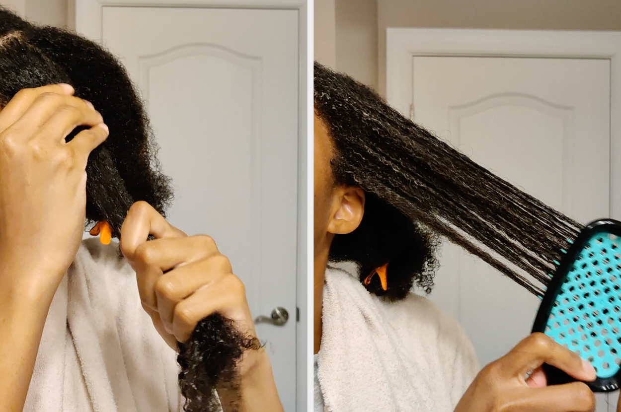 Person detangling their hair before and after using a hairbrush
