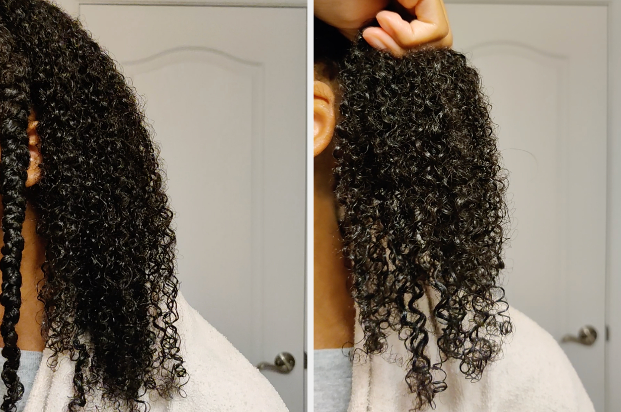 Side-by-side of my curls with the gel: They are shiny, bouncy, and well-defined