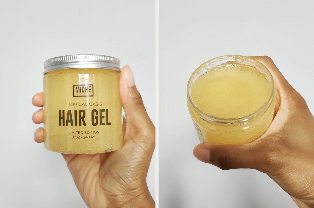 Hand holding Miche Tropical Oasis Hair Gel, with one photo showing the brightly-colored gel with the jar opened