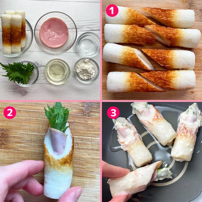 手作り春巻きの作り方を示す4枚の写真。