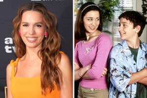Split image: Left is actress Jodie Sweetin in an orange top, right is a still of her character Stephanie Tanner with co-stars from 'Full House'