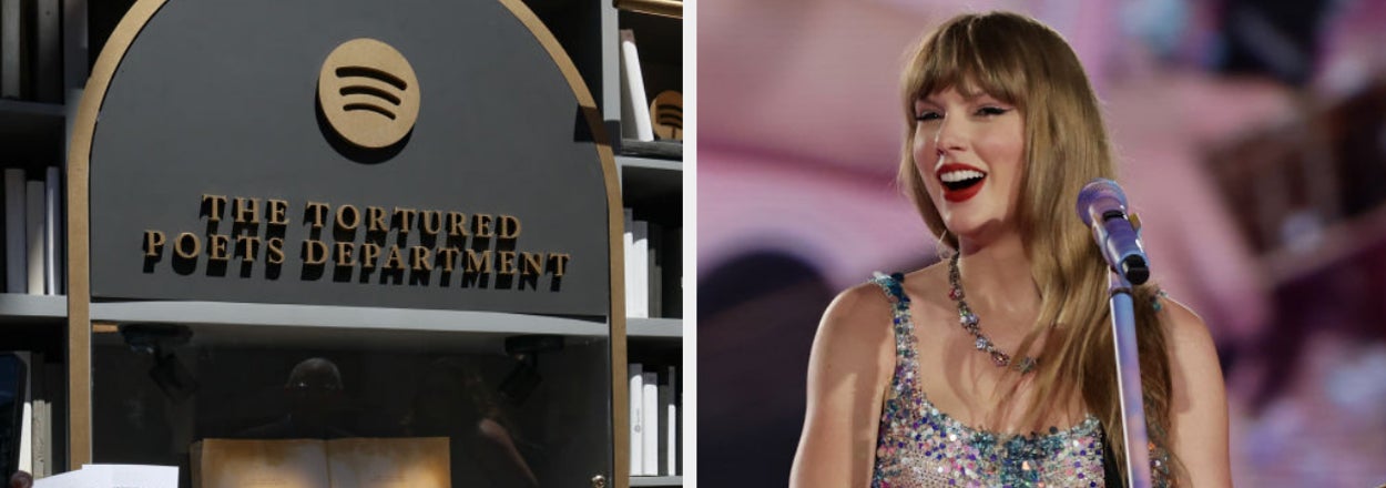 a whimsical 'The Tortured Poems Department' sign, Taylor performing