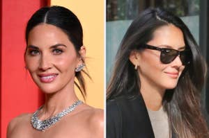 Olivia Munn in a diamond necklace at an event; Olivia Munn casual with sunglasses on street