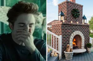 Split image, left: Edward from Twilight smirking, right: cozy outdoor fireplace on a deck