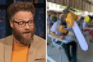 Image of a blurred person alongside a clear photo of Seth Rogen, suggesting a meme or joke