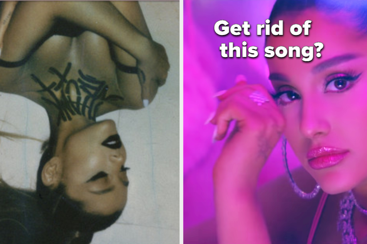 Left: Woman upside down with bold eyeliner. Right: Text "Get rid of this song?" next to woman with pink lighting