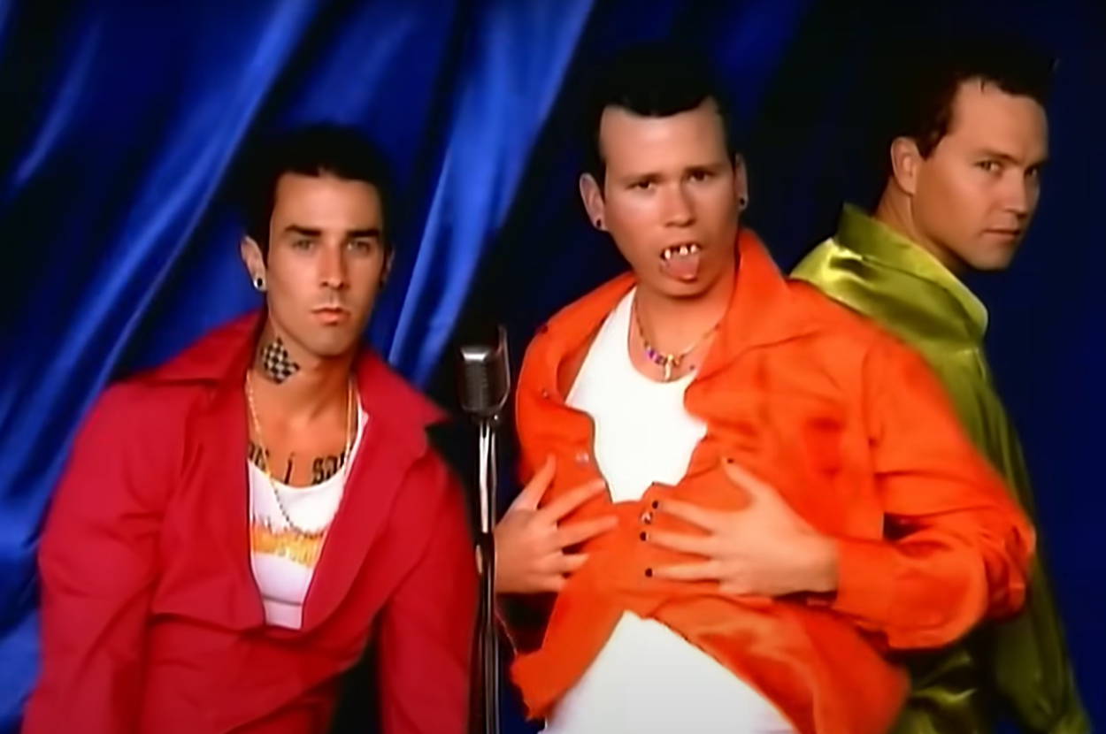 Blink-182 in bright colored jackets.