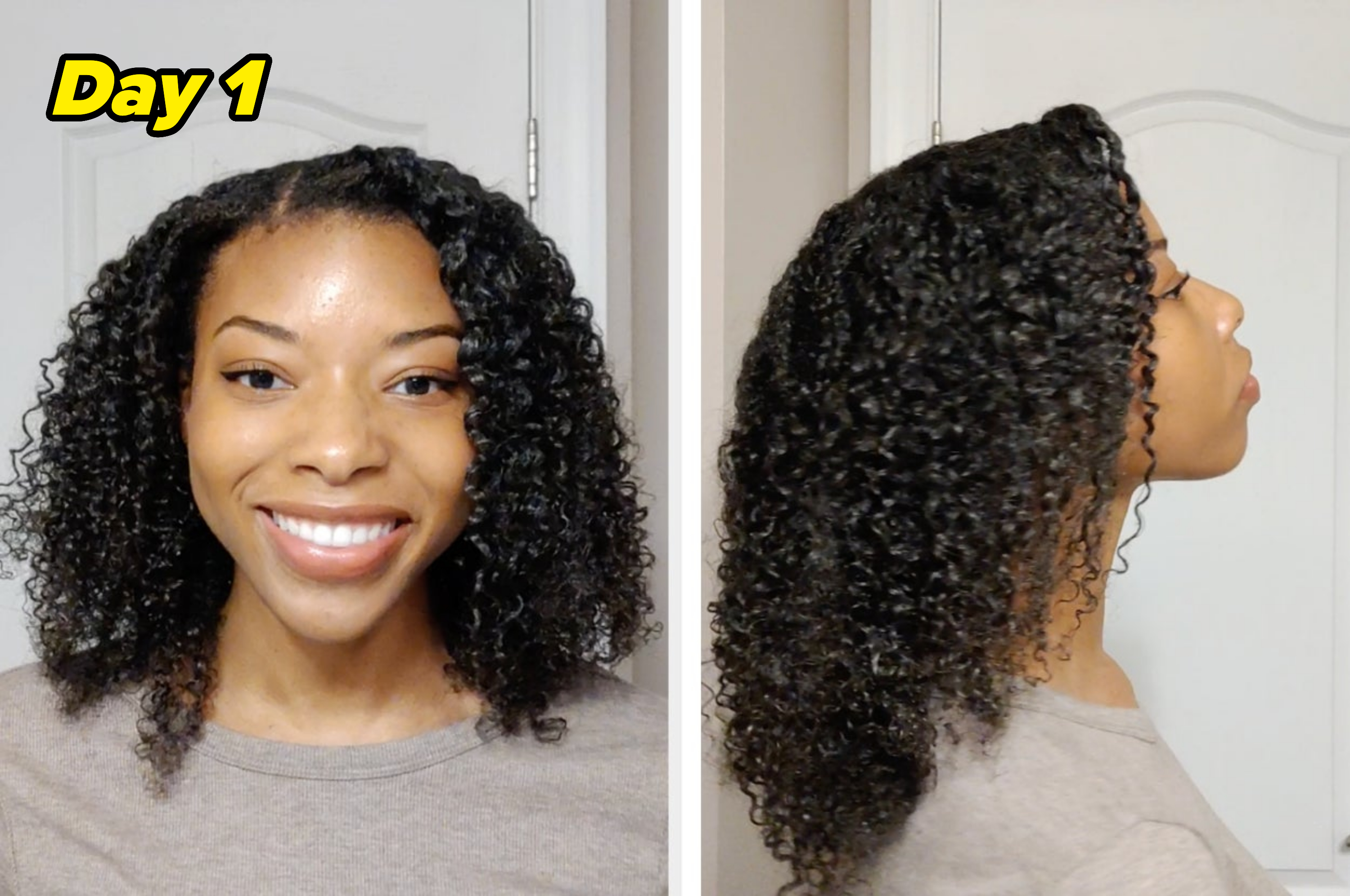 Showcasing my curls on day one, front and side views; the curls are defined and bouncy