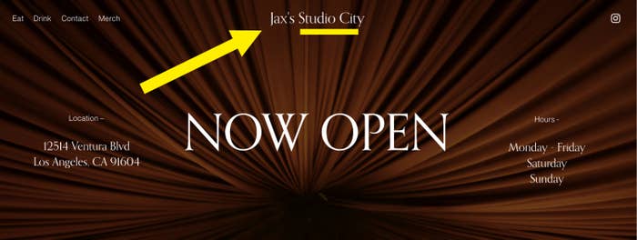 for 'Jax's Studio City' now open, with location info, hours, and website navigation options
