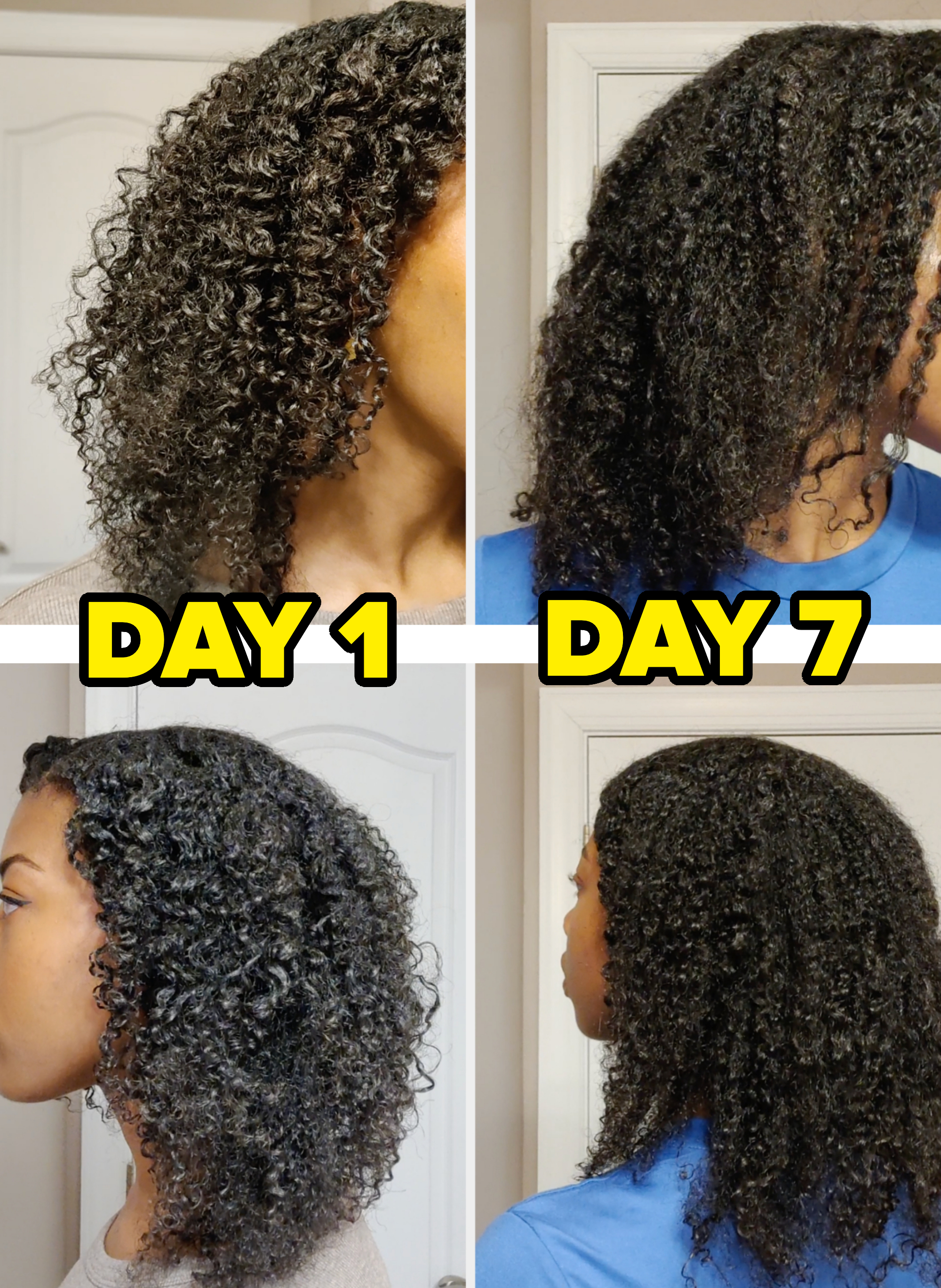 Four close-up views of a person&#x27;s curly hair to showcase a haircare result