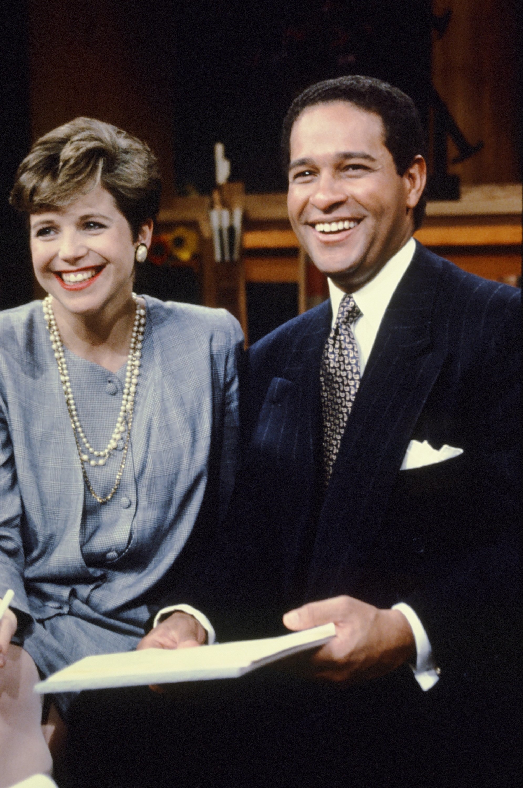 Closeup of Katie Couric and Bryant Gumbel on set during their time on The Today Show