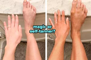 reviewer before photo of pale skin / after using self-tanner, skin is glowing and tan