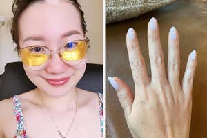 reviewer wearing gold under-eye masks / reviewer holding cuticle oil with strong, healthy nails