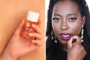 model holding Bio-Oil bottle / reviewer peeling the lip mask to reveal color unerneath