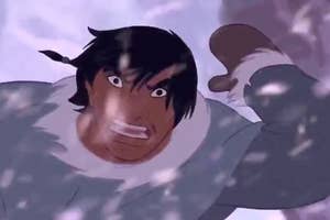 Animated character Denahi from "Brother Bear" in a winter storm looking mad.
