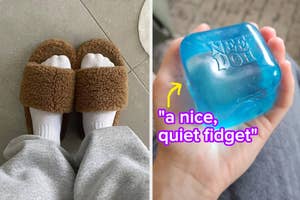 reviewer wearing brown fuzzy slippers and reviewer holding blue fidget needoh