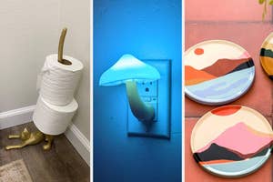 Three unique home decor items: a toilet paper holder with a figurine base, a nightlight shaped like a mushroom, and decorative wall plates with abstract designs