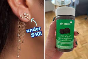 model wearing a chain tassel earring and buzzfeed writer holding thin mints seasoning blend