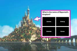Image of a castle from Tangled with a quiz question asking the name of Rapunzel's kingdom, with four options to choose from: Caravana, Cinburg, Colorado, Corona.