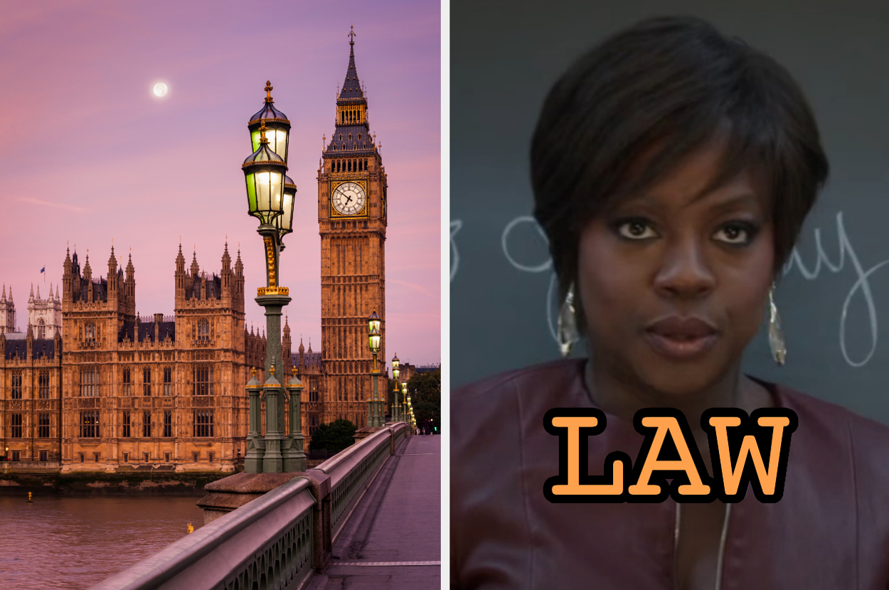 On the left, Big Ben in London at sunset, and on the right, Viola Davis standing in front of a chalkboard as Annalise Keating in How to Get Away With Murder labeled law