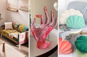 Three eclectic home decor items: a colorful patchwork bench, a pink hand-shaped chair, and a shell-inspired cushion