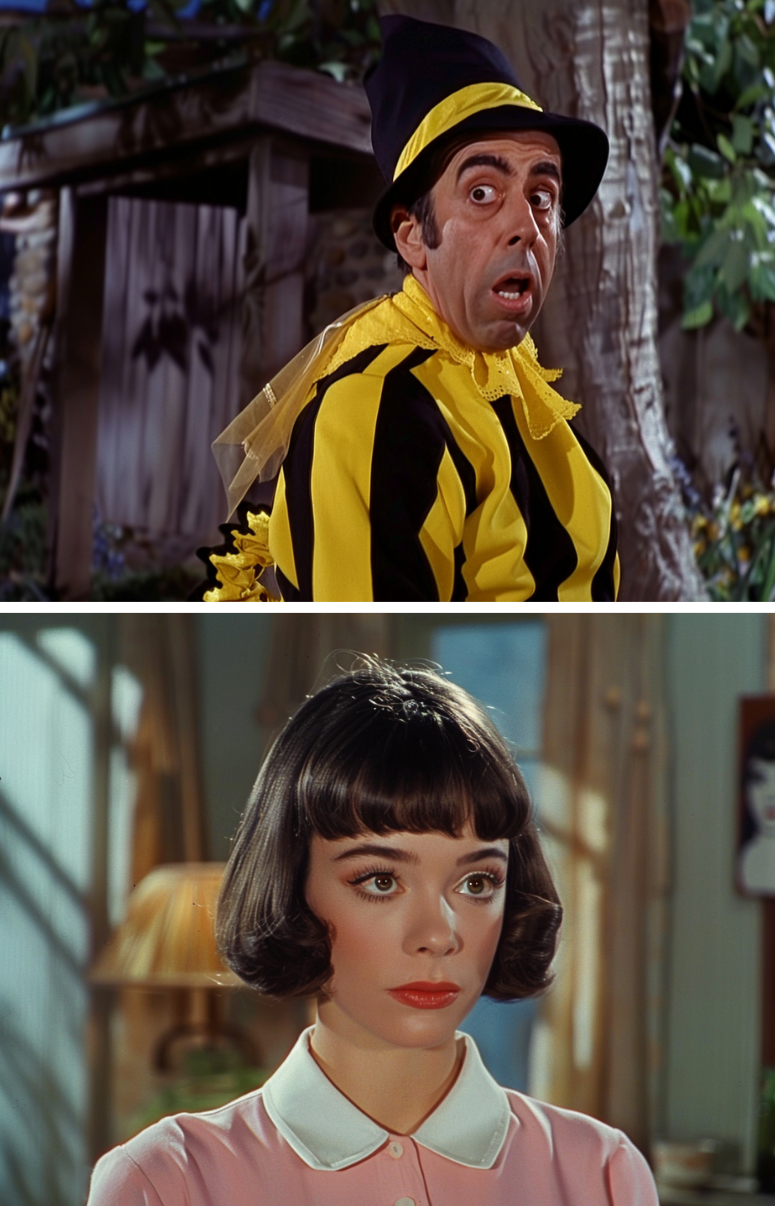 Dick Van Dyke as Bert in striped jacket and hat above; Audrey Hepburn as Jo Stockton in pink top below