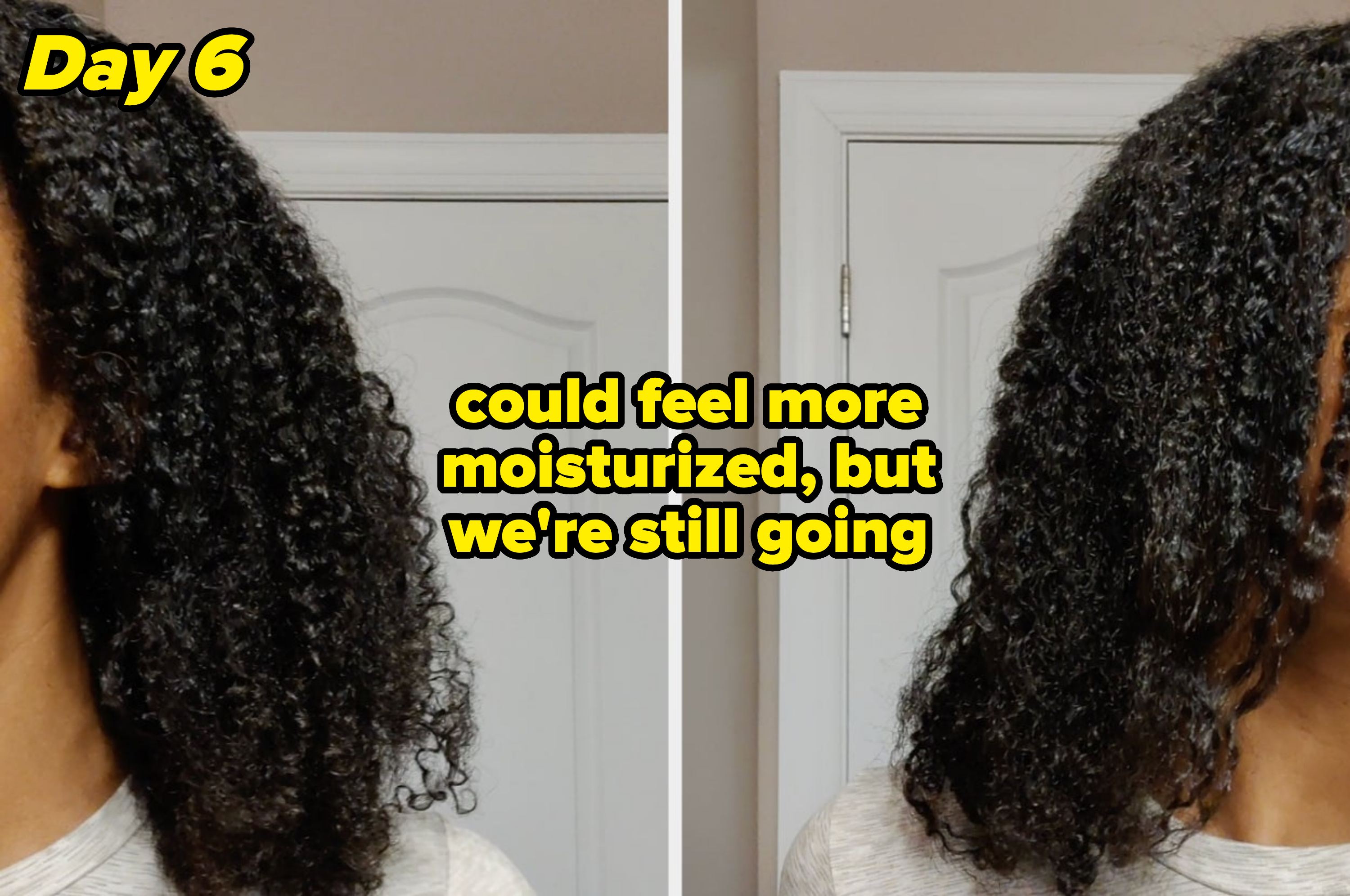 Side-by-side comparison of a person&#x27;s curly hair before and after applying hair product