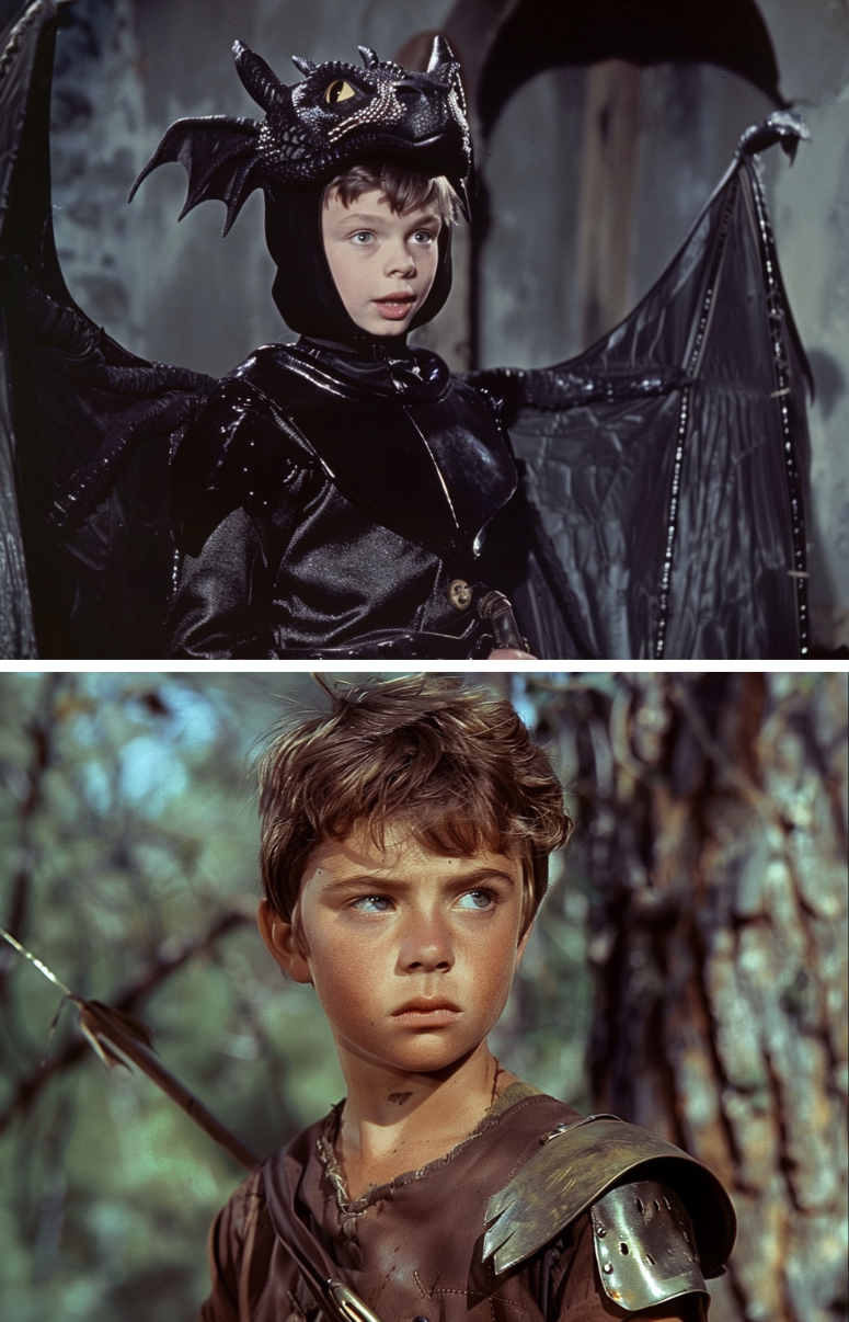 Top: Child in dragon costume. Bottom: Child in knight armor with spear