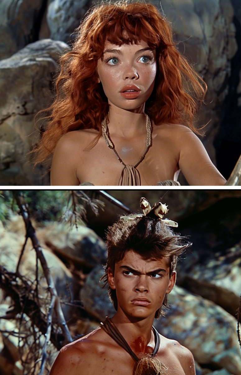 Two characters from the film, a woman with flowers in her hair; a man with a headband. Both in primitive-style costumes