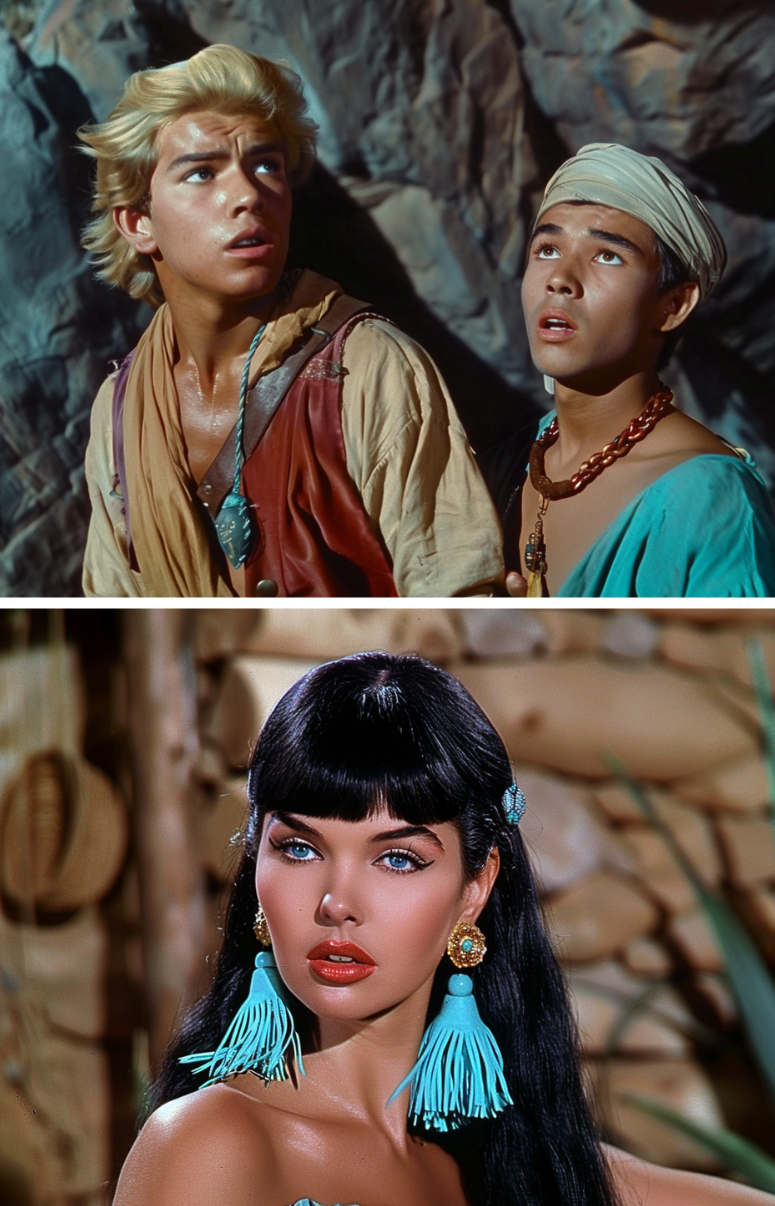 Two scenes from a film: top shows two men looking offscreen, bottom a woman with bold makeup and turquoise earrings