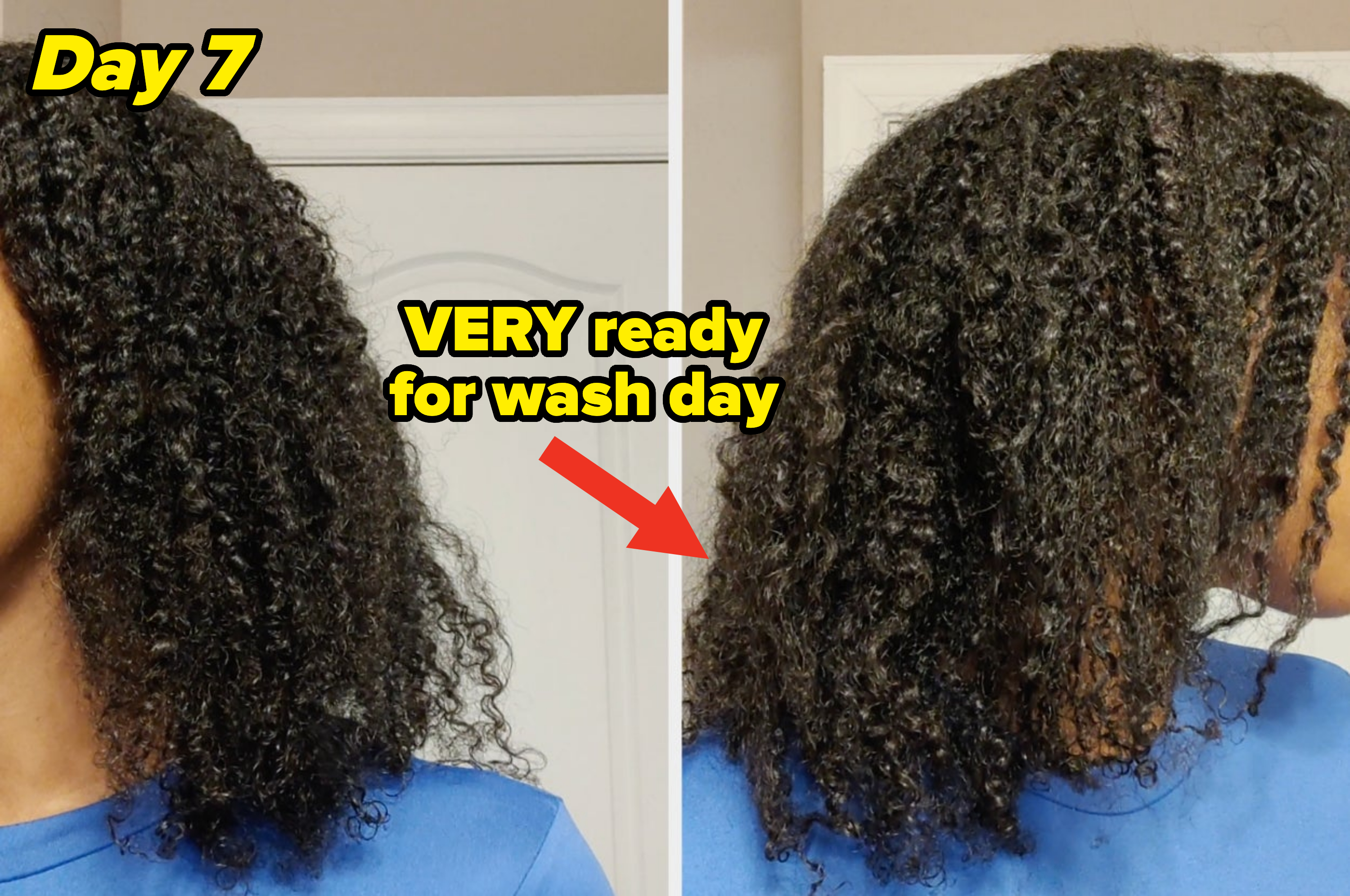Person with shoulder-length curly hair before and after applying hair product