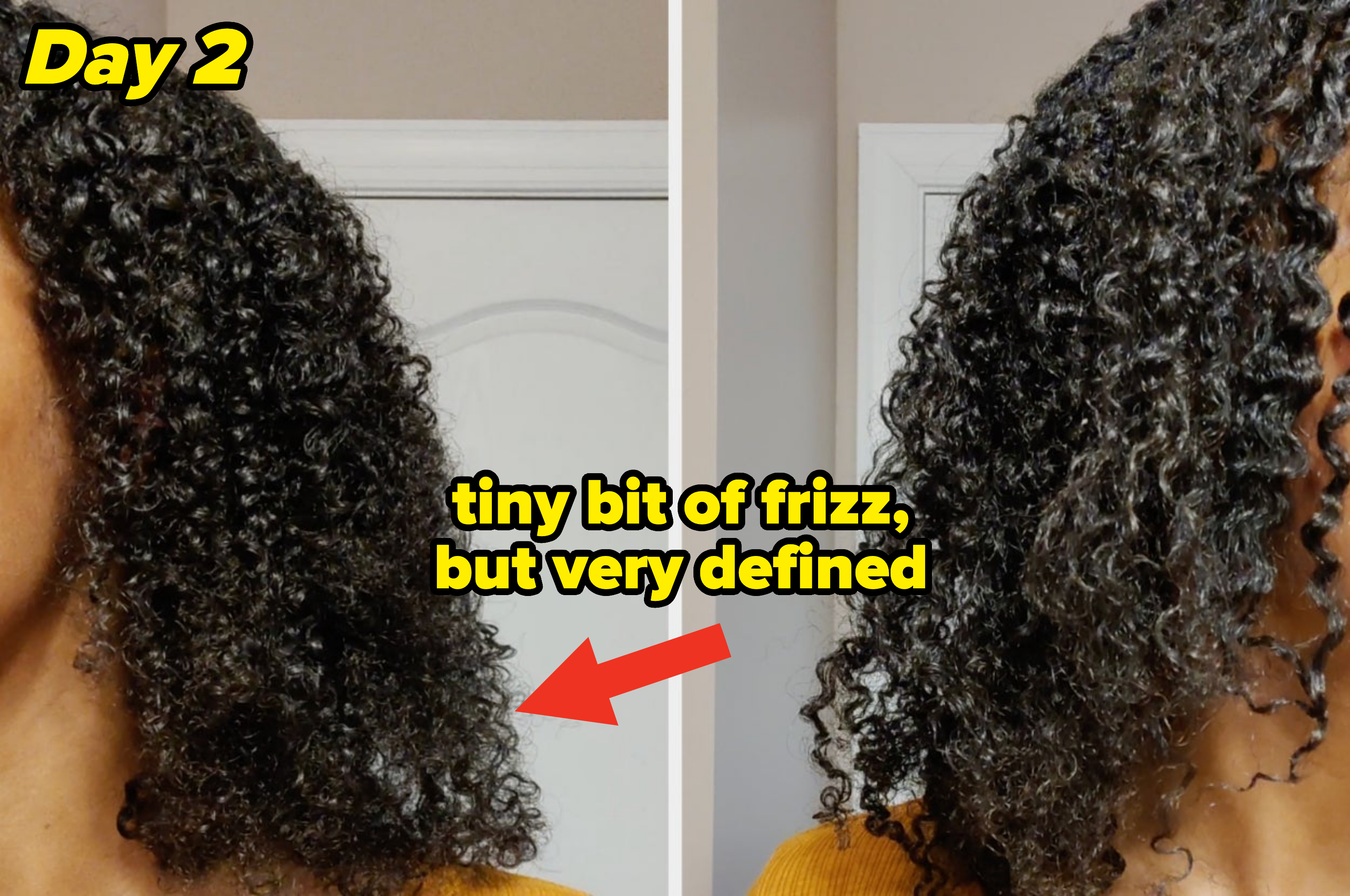 Side-by-side comparison of a person&#x27;s curly hair before and after using a hair product