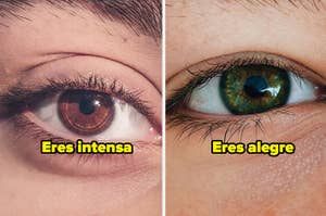 Ojo marrón con texto "Eres intensa" y ojo verde con "Eres alegre". Comparación de personalidades