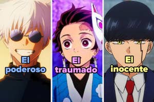 Tres personajes de anime: uno con gafas de sol, otro asustado y uno formal
