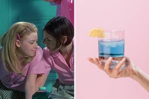 Two women from "But I'm A Cheerleader" cleaning and getting close to kissing; a hand presents a blue drink with lemon