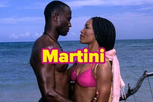 Couple from "How Stella Got Her Groove Back" on the beach looking at each other with text overlaid that says "Martini"