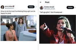 Screen capture of two tweets with GIFs; on the left, a woman walks into an office, and on the right, a singer holds a microphone onstage
