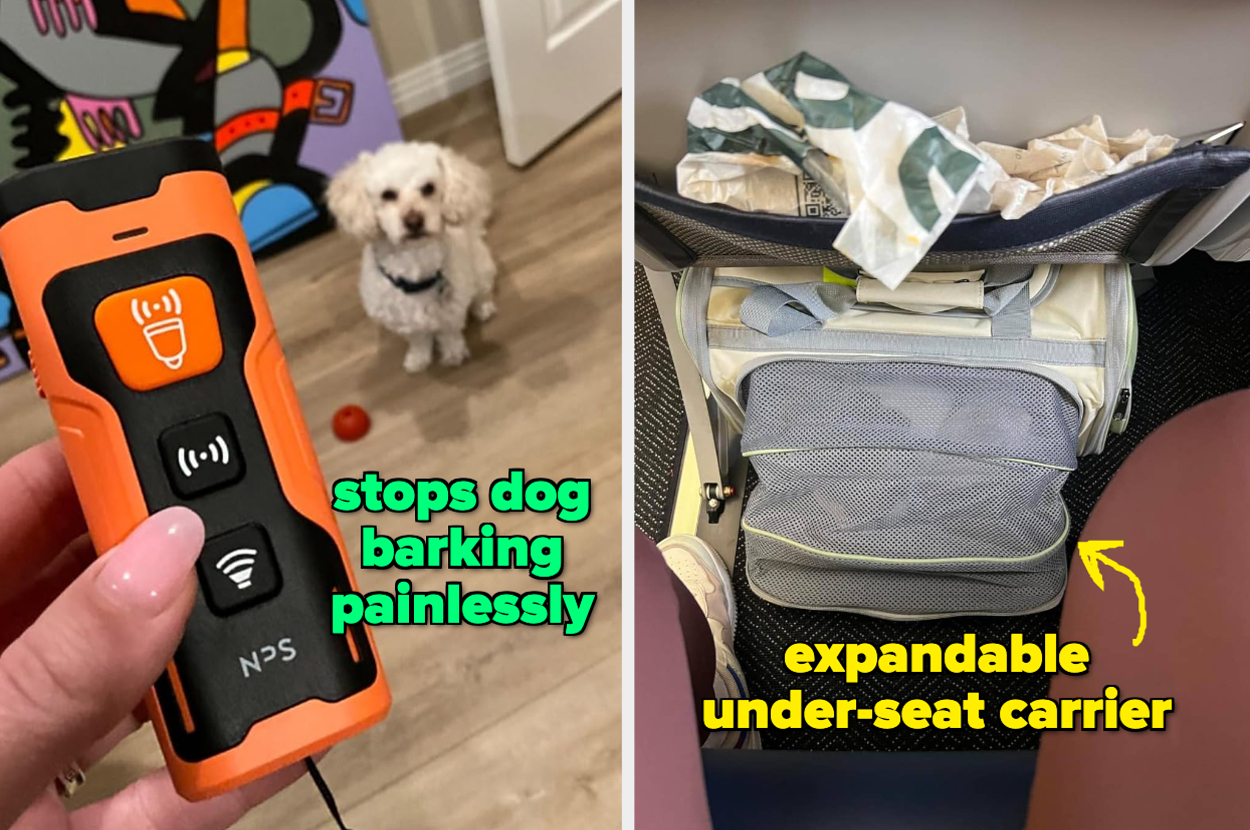 Two images: left shows a handheld dog bark deterrent device with a dog in background; right highlights an expandable pet carrier under a plane seat