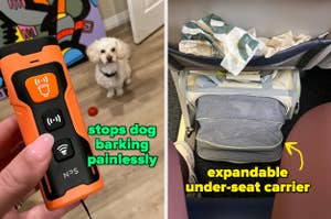 Two images: left shows a handheld dog bark deterrent device with a dog in background; right highlights an expandable pet carrier under a plane seat