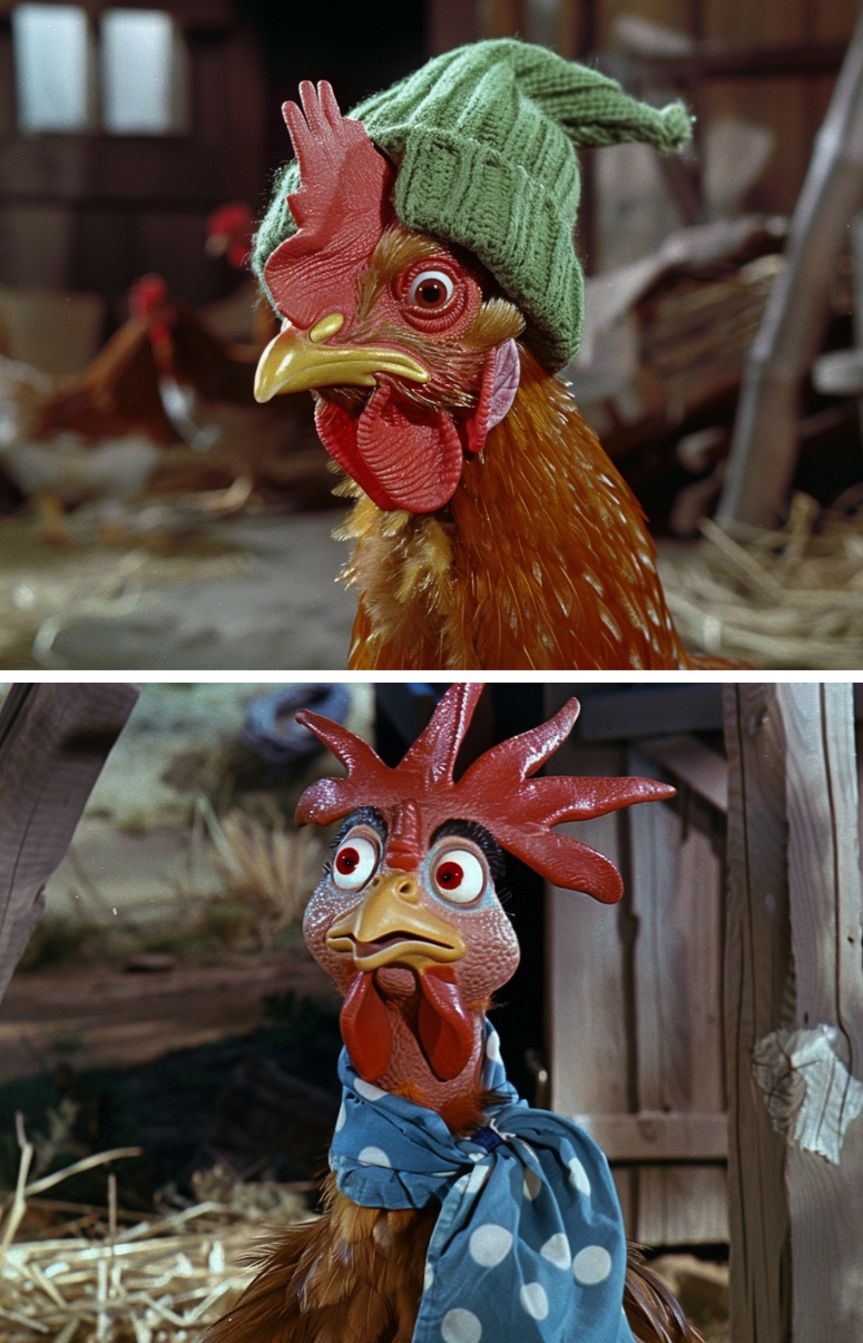 Two scenes with a puppet chicken: top with a green hat, bottom with a blue scarf