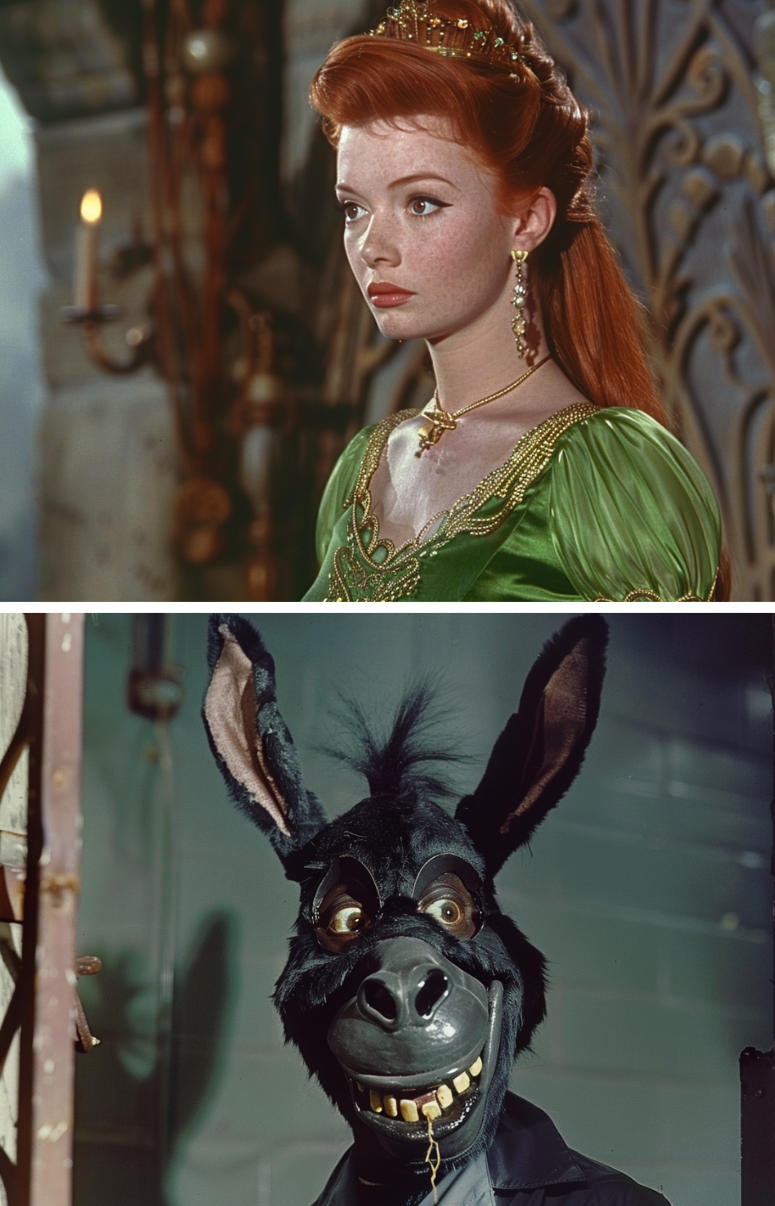 Top: Woman in a green medieval dress with a headpiece. Bottom: Character in a costume resembling a donkey