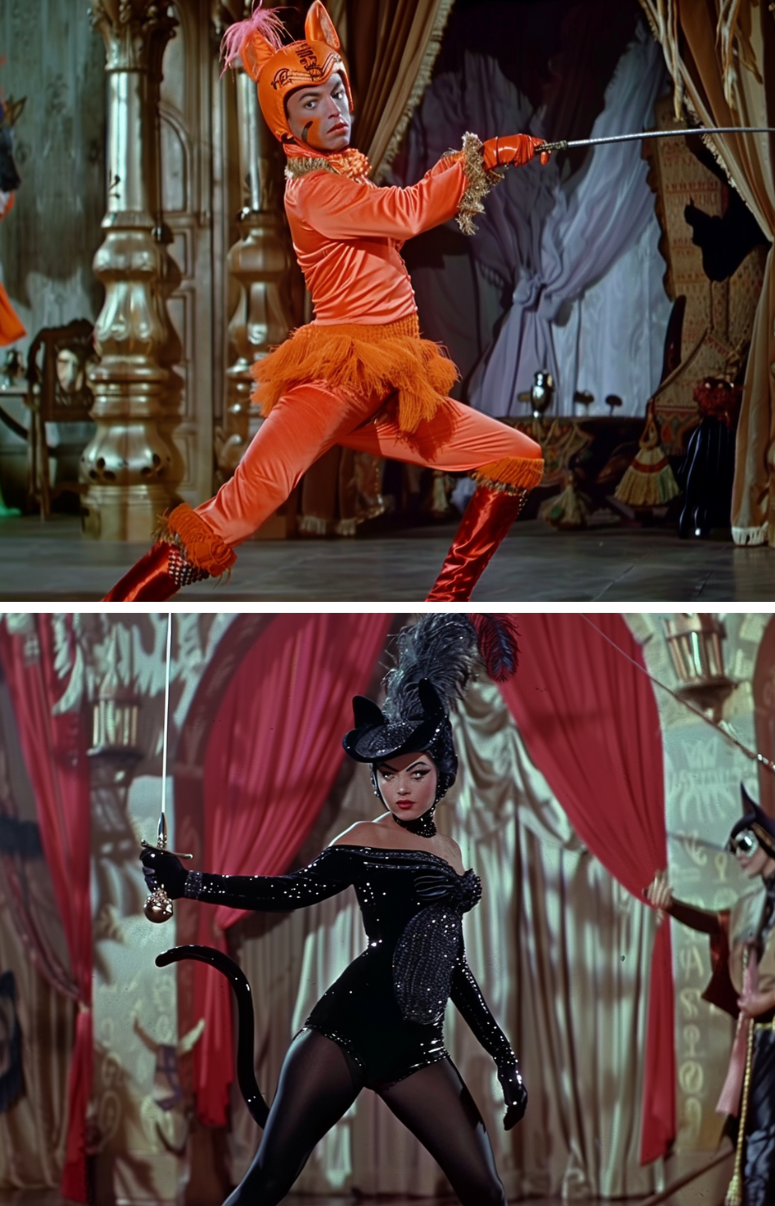 Two images: top shows a person in an orange jumpsuit with a cat-like headpiece; bottom shows a person in a black, sparkly costume with a feather headdress